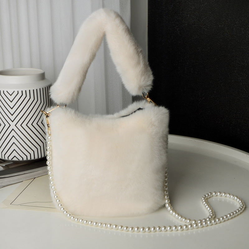 Checkerboard Plush Bucket Bag With Pearl Chain Design Winter Fashion Luxury Handbags For Women Personalized Shopping Shoulder Bags My Store