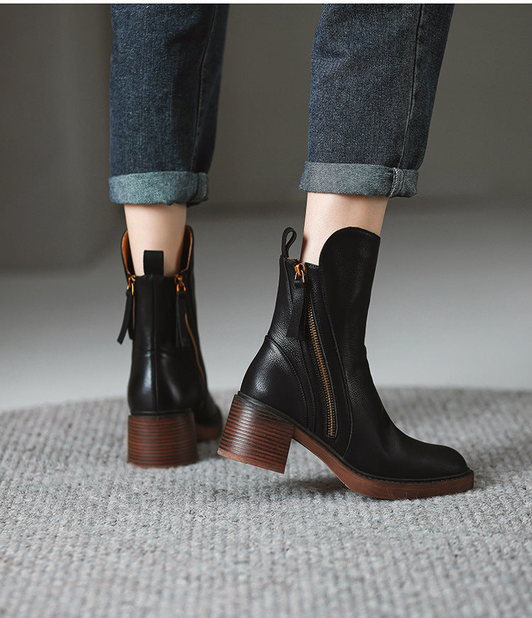 Thick Heel Brown Ankle Boots British Style Handsome My Store