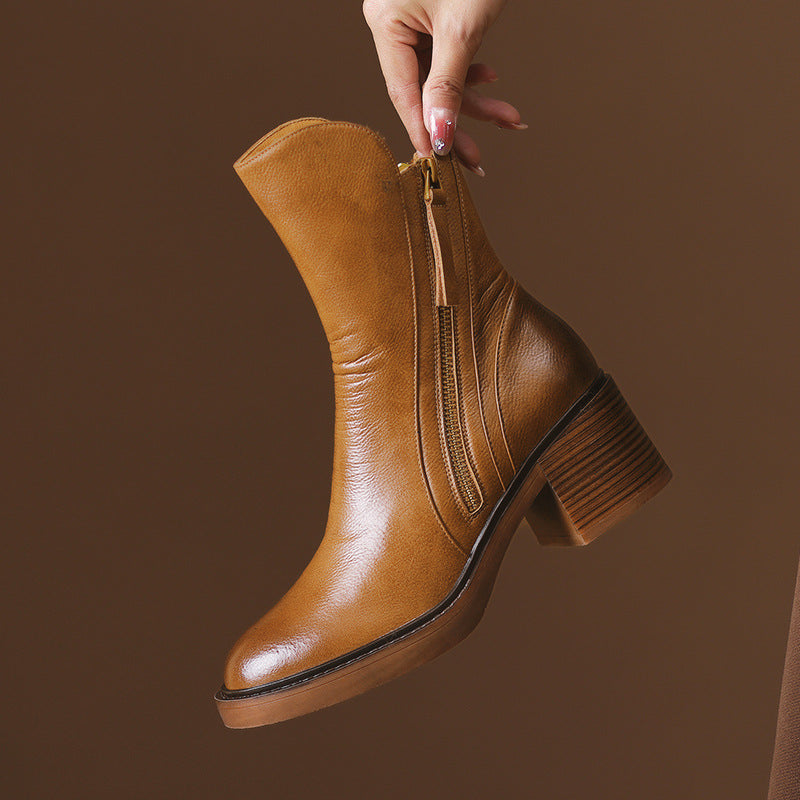 Thick Heel Brown Ankle Boots British Style Handsome My Store
