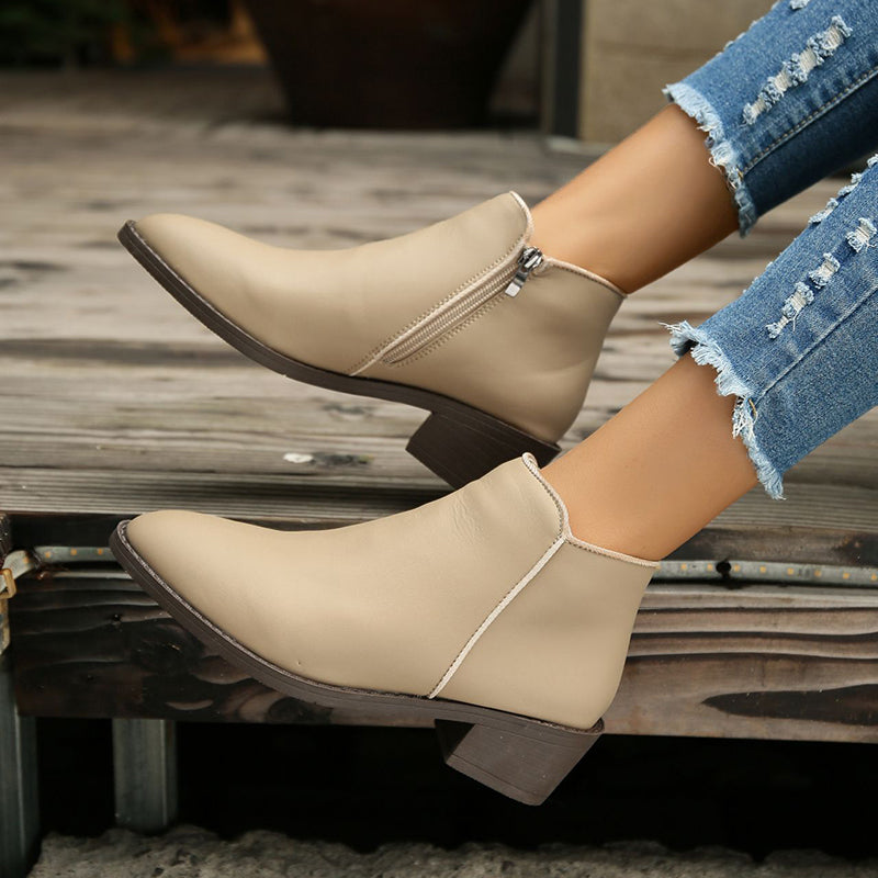 Ankle Boots Women Chunky Mid Heel Shoes Waterproof Side Zipper Boots My Store