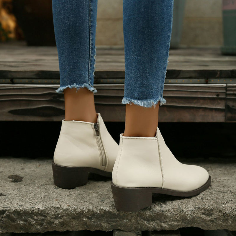 Ankle Boots Women Chunky Mid Heel Shoes Waterproof Side Zipper Boots My Store
