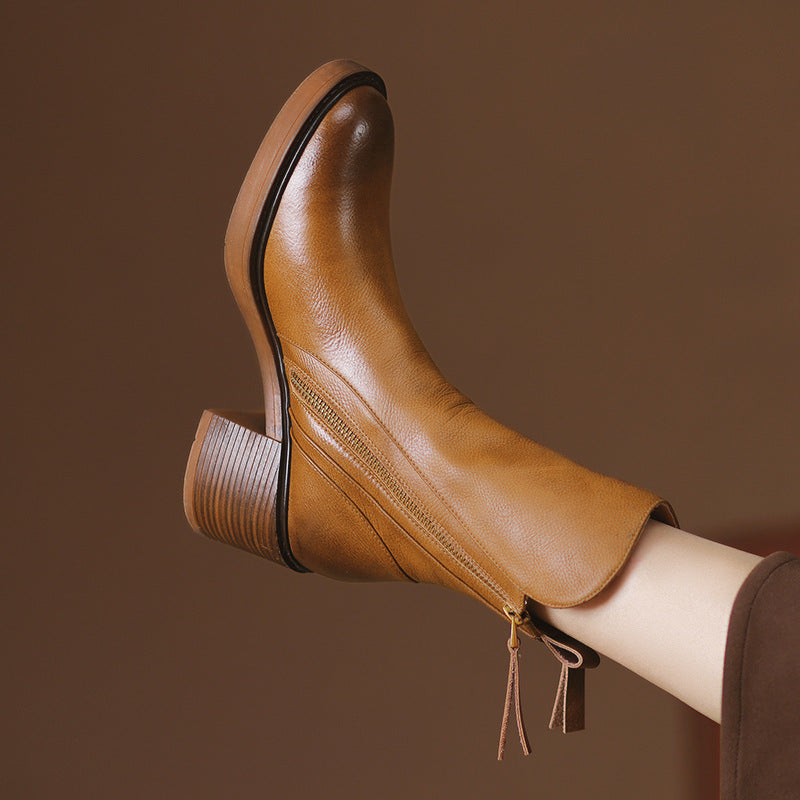 Thick Heel Brown Ankle Boots British Style Handsome My Store