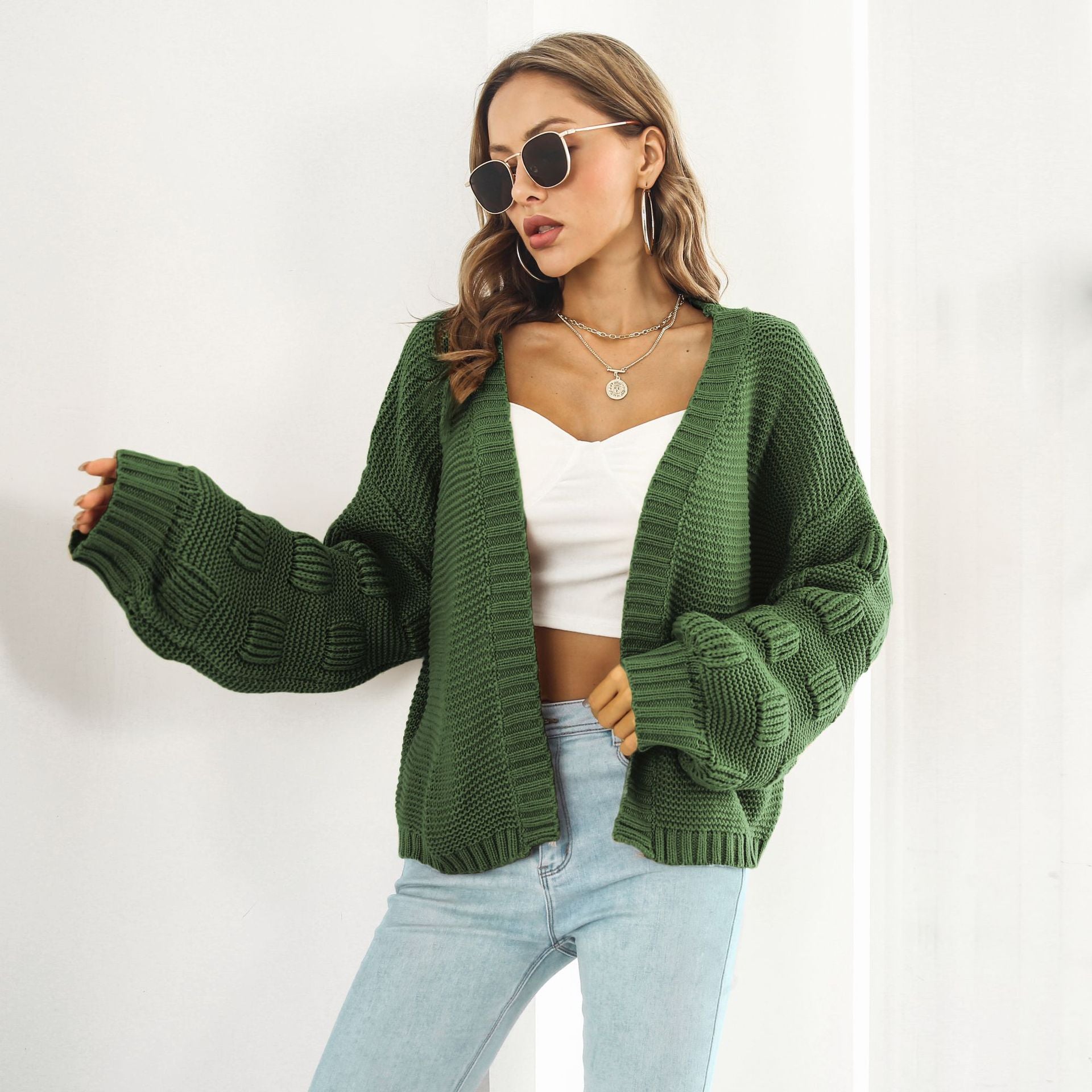Puff Sleeve Cardigan Sweater Women Clothes Front Chunky Knitwear Coat My Store