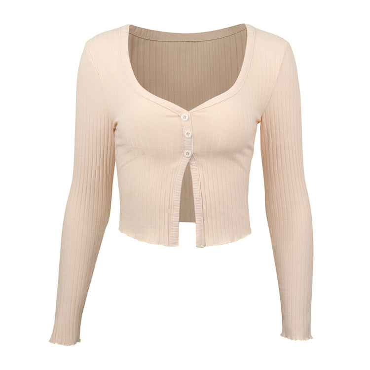 Long Sleeved Crop Cardigan Top Sexy Button Knit T-shirt My Store