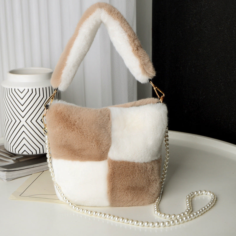 Checkerboard Plush Bucket Bag With Pearl Chain Design Winter Fashion Luxury Handbags For Women Personalized Shopping Shoulder Bags My Store