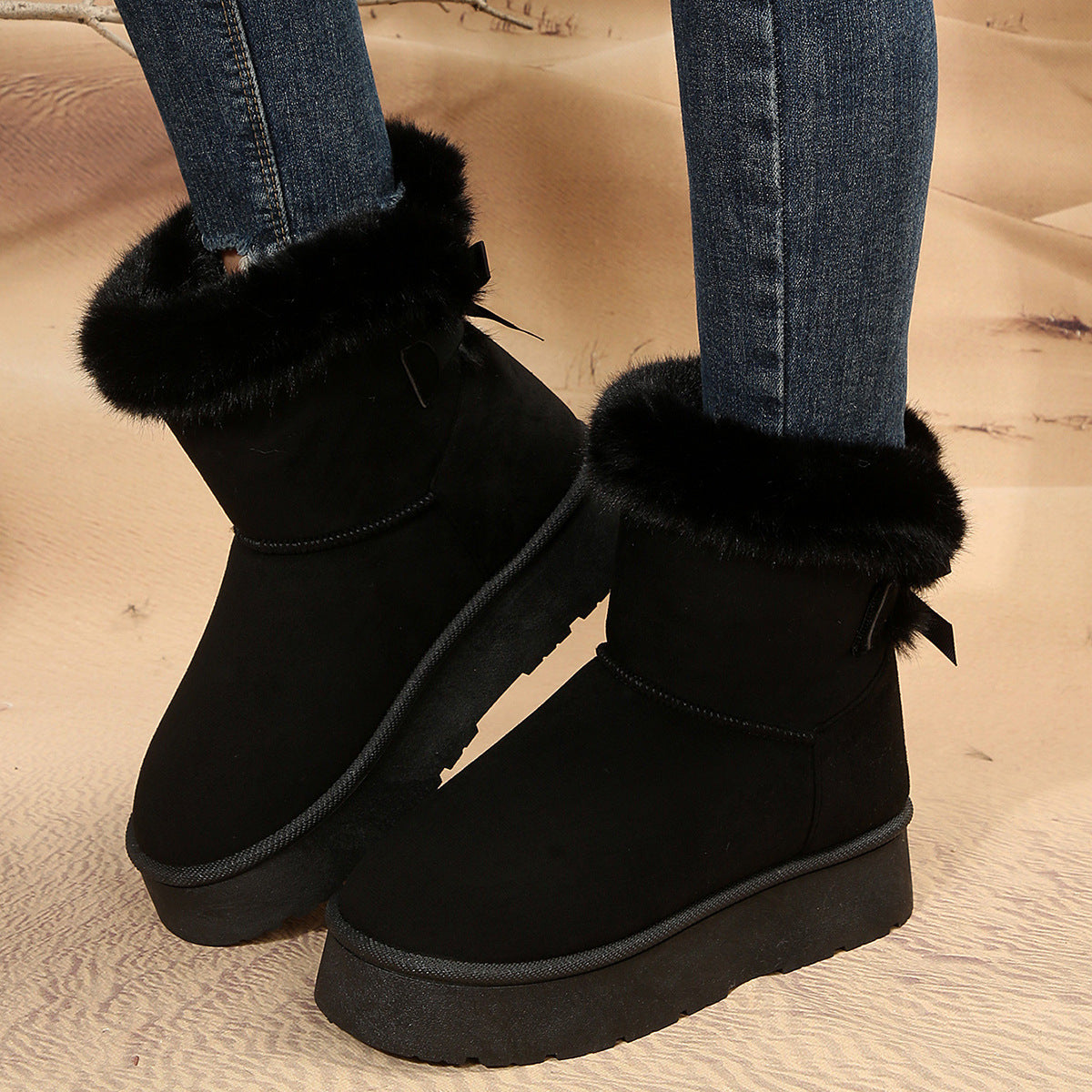 New Bow-knot Snow Boots Winter Plus Velvet Warm Thick-soled Ankle Boots For Women Simple Daily Leisure Cotton Shoes My Store