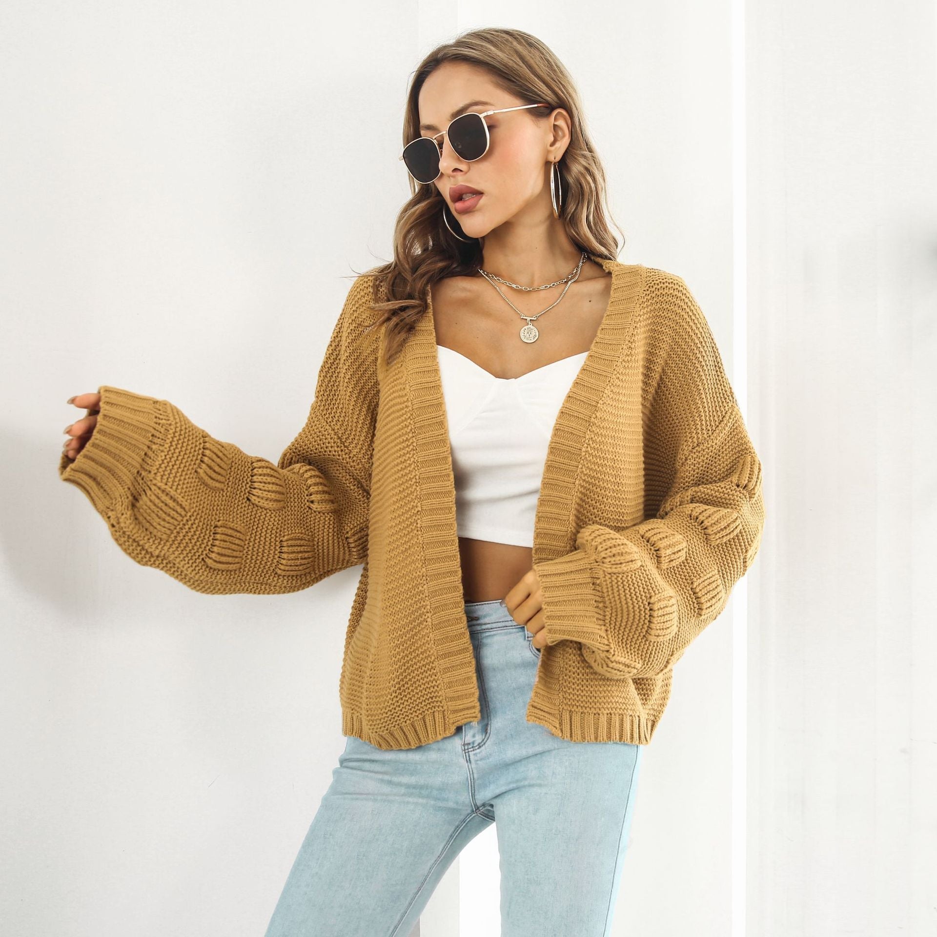 Puff Sleeve Cardigan Sweater Women Clothes Front Chunky Knitwear Coat My Store