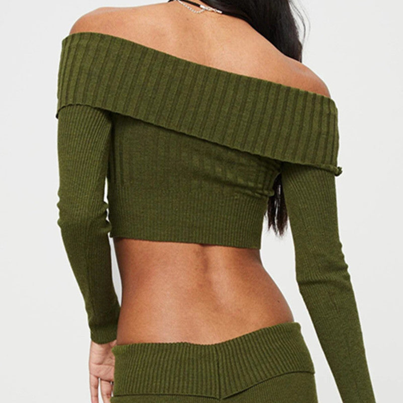 Boat Neck Long Sleeve Knitted Sweater Off-shoulder Crop Short Top SFor Womens Clothing My Store