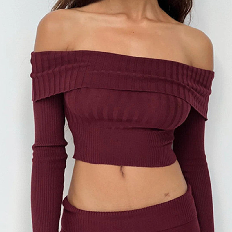 Boat Neck Long Sleeve Knitted Sweater Off-shoulder Crop Short Top SFor Womens Clothing My Store
