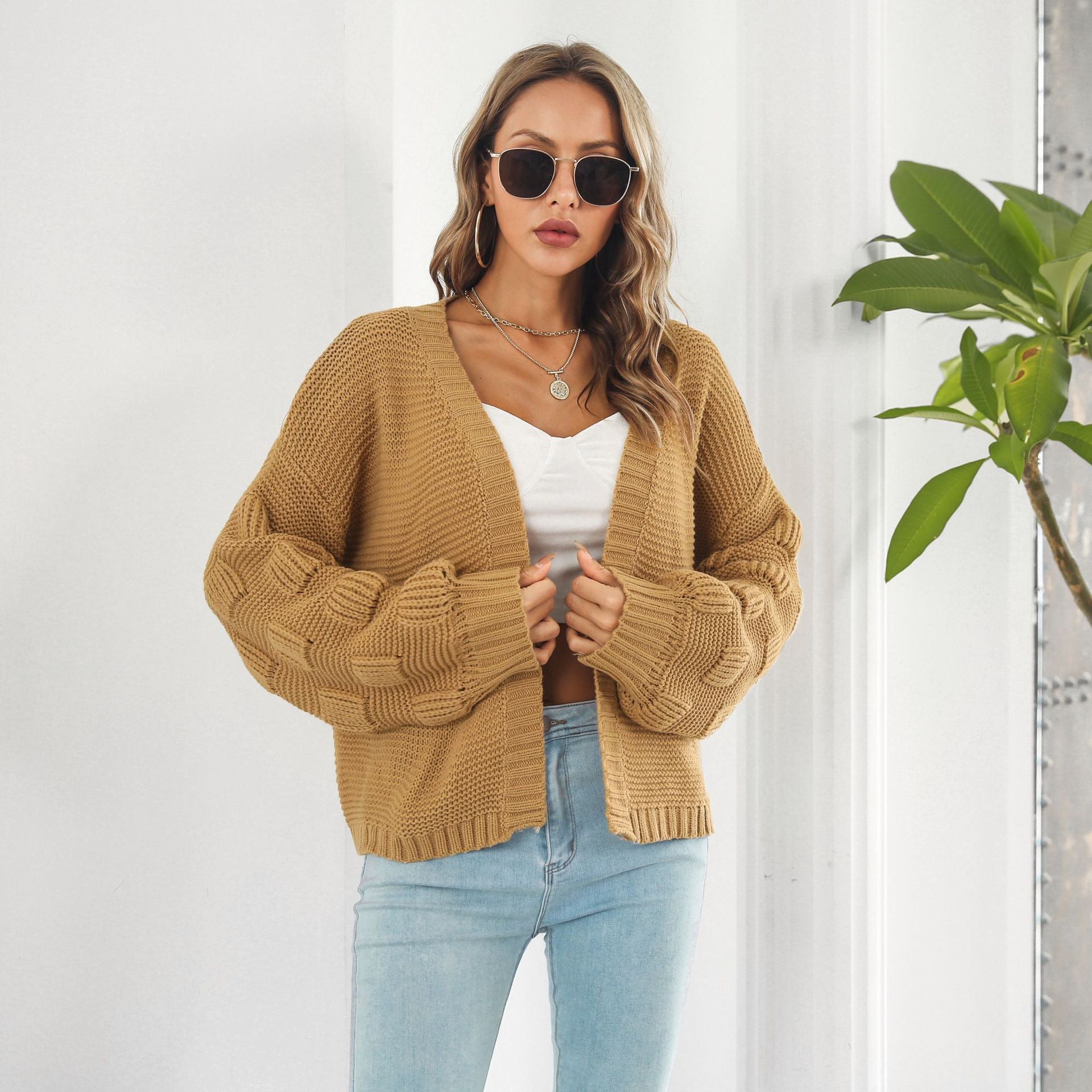Puff Sleeve Cardigan Sweater Women Clothes Front Chunky Knitwear Coat My Store