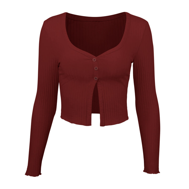 Long Sleeved Crop Cardigan Top Sexy Button Knit T-shirt My Store