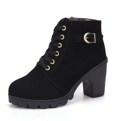 Fashoin Leopard Print Ankle Square Heel Suede Lace-up Zip Boots Women Casual Versatile Shoes Autumn And Winter My Store