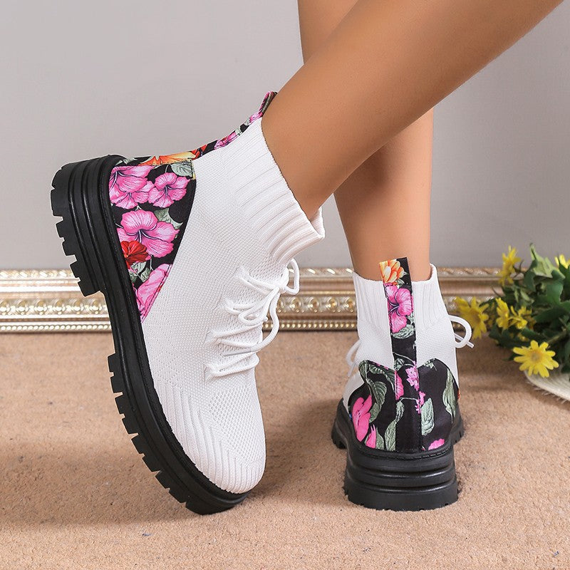 Flowers Print Sock Boots Knitted Mesh Shoes Breathable High-top Elastic Slip-on Shoes For Women Autumn Winter Ankle Boots My Store