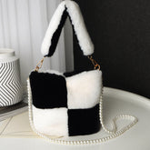 Checkerboard Plush Bucket Bag With Pearl Chain Design Winter Fashion Luxury Handbags For Women Personalized Shopping Shoulder Bags My Store