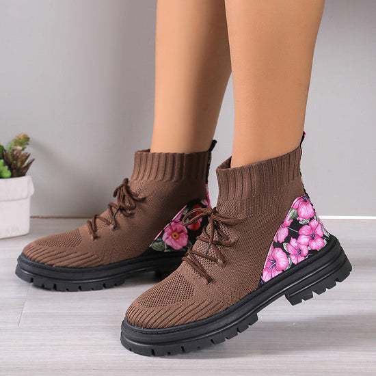 Flowers Print Sock Boots Knitted Mesh Shoes Breathable High-top Elastic Slip-on Shoes For Women Autumn Winter Ankle Boots My Store
