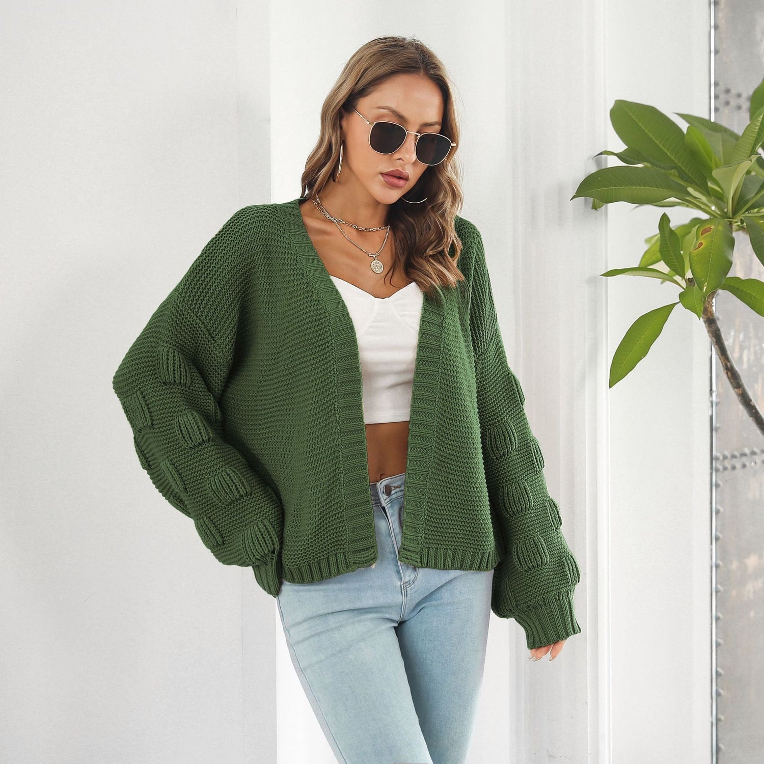 Puff Sleeve Cardigan Sweater Women Clothes Front Chunky Knitwear Coat My Store