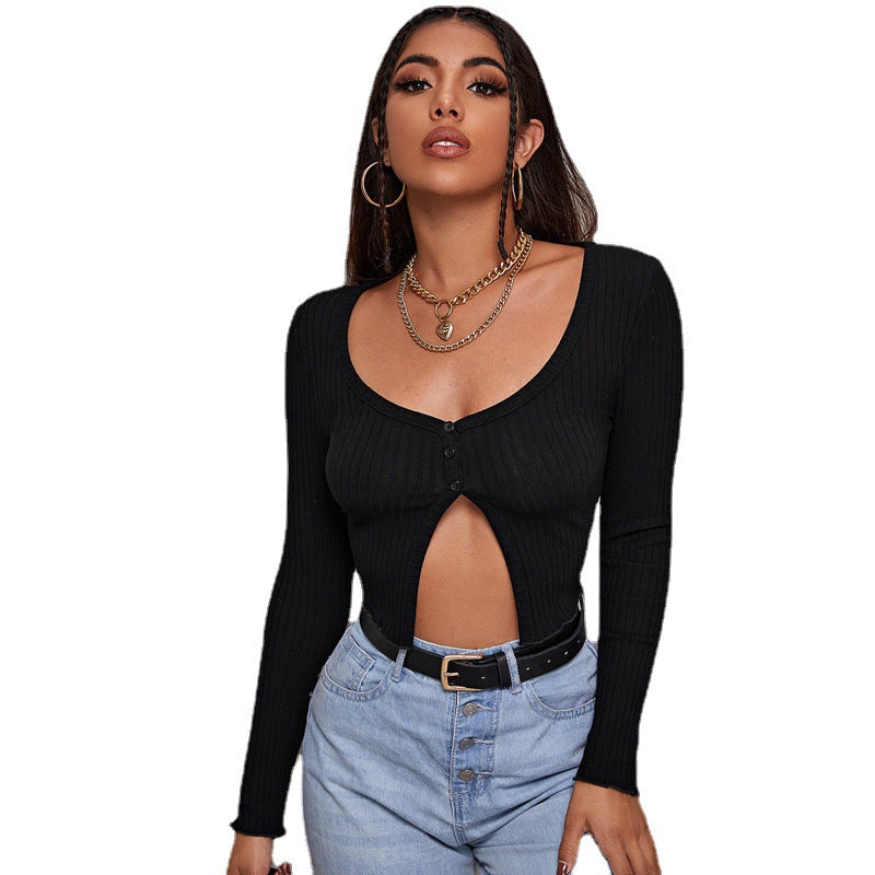 Long Sleeved Crop Cardigan Top Sexy Button Knit T-shirt My Store