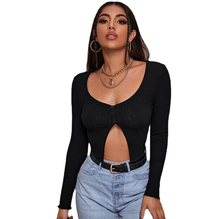 Long Sleeved Crop Cardigan Top Sexy Button Knit T-shirt My Store