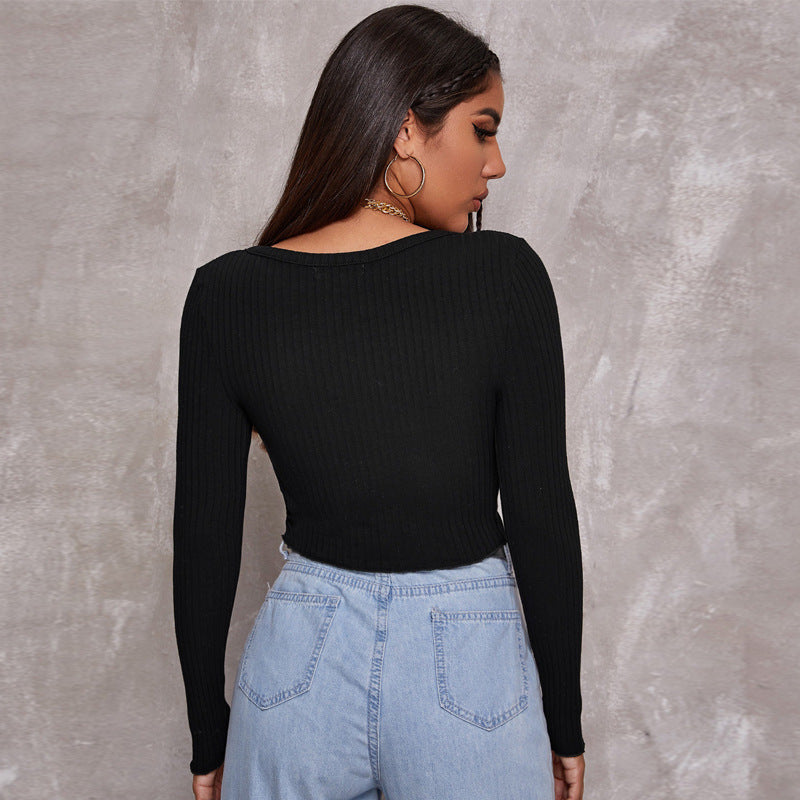 Long Sleeved Crop Cardigan Top Sexy Button Knit T-shirt My Store
