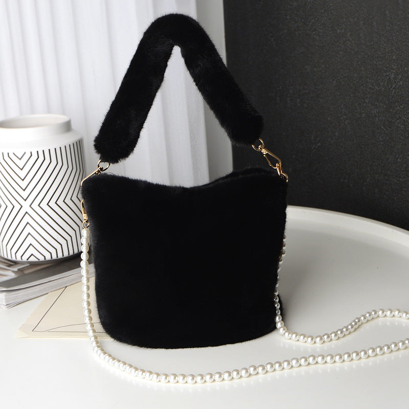 Checkerboard Plush Bucket Bag With Pearl Chain Design Winter Fashion Luxury Handbags For Women Personalized Shopping Shoulder Bags My Store