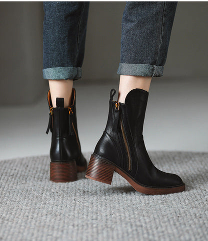 Thick Heel Brown Ankle Boots British Style Handsome My Store