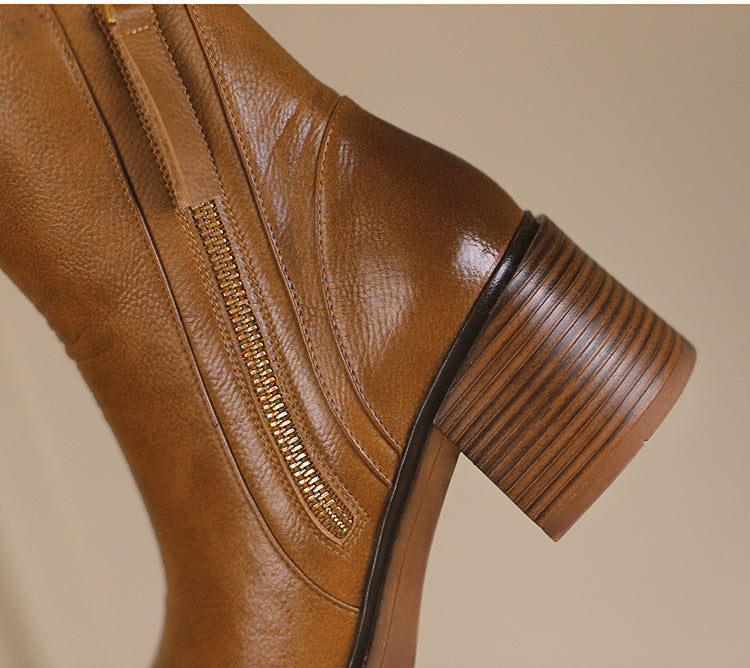 Thick Heel Brown Ankle Boots British Style Handsome My Store