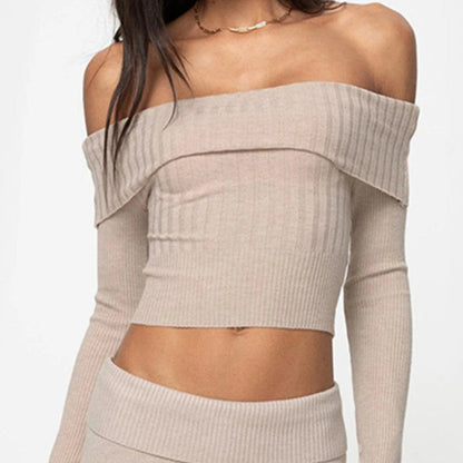 Boat Neck Long Sleeve Knitted Sweater Off-shoulder Crop Short Top SFor Womens Clothing My Store