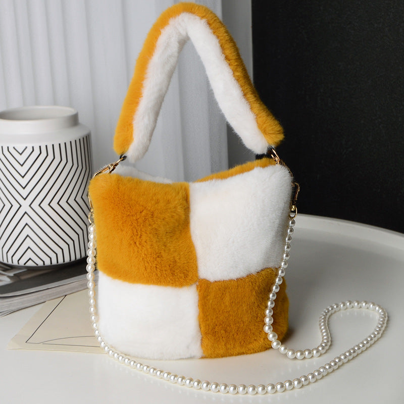 Checkerboard Plush Bucket Bag With Pearl Chain Design Winter Fashion Luxury Handbags For Women Personalized Shopping Shoulder Bags My Store