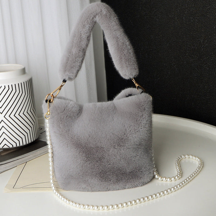 Checkerboard Plush Bucket Bag With Pearl Chain Design Winter Fashion Luxury Handbags For Women Personalized Shopping Shoulder Bags My Store