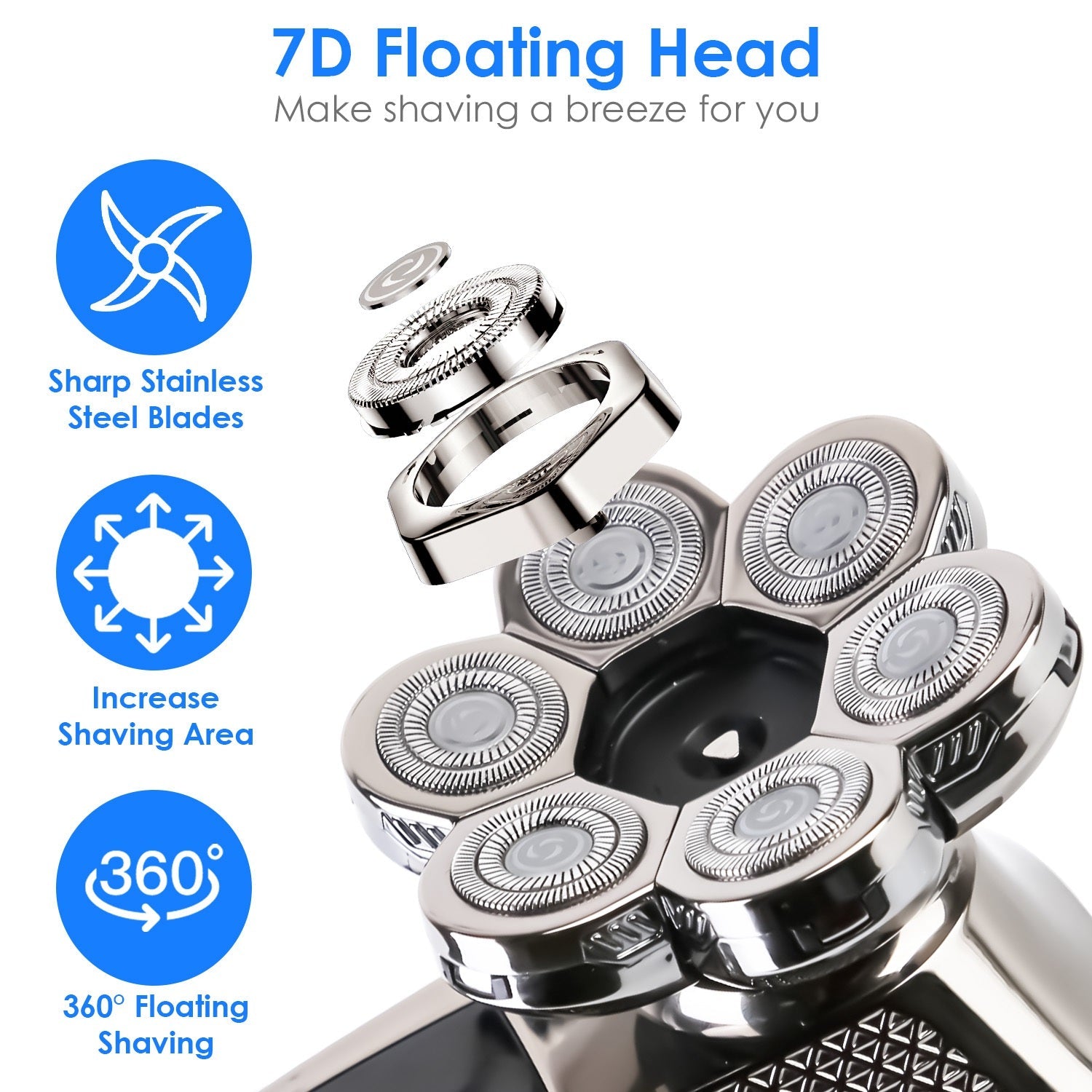 1Pc Head Shavers For Bald Men 5 In 1 7D Electric Rotary Razor Rechargeable Cordless Head Beard Trimmer Shaver Kit IPX6 Waterproof Dry Wet Grooming Kit With 3 Combs 1Heartof5