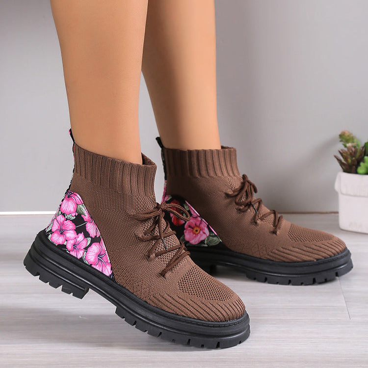 Flowers Print Sock Boots Knitted Mesh Shoes Breathable High-top Elastic Slip-on Shoes For Women Autumn Winter Ankle Boots My Store