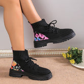 Flowers Print Sock Boots Knitted Mesh Shoes Breathable High-top Elastic Slip-on Shoes For Women Autumn Winter Ankle Boots My Store