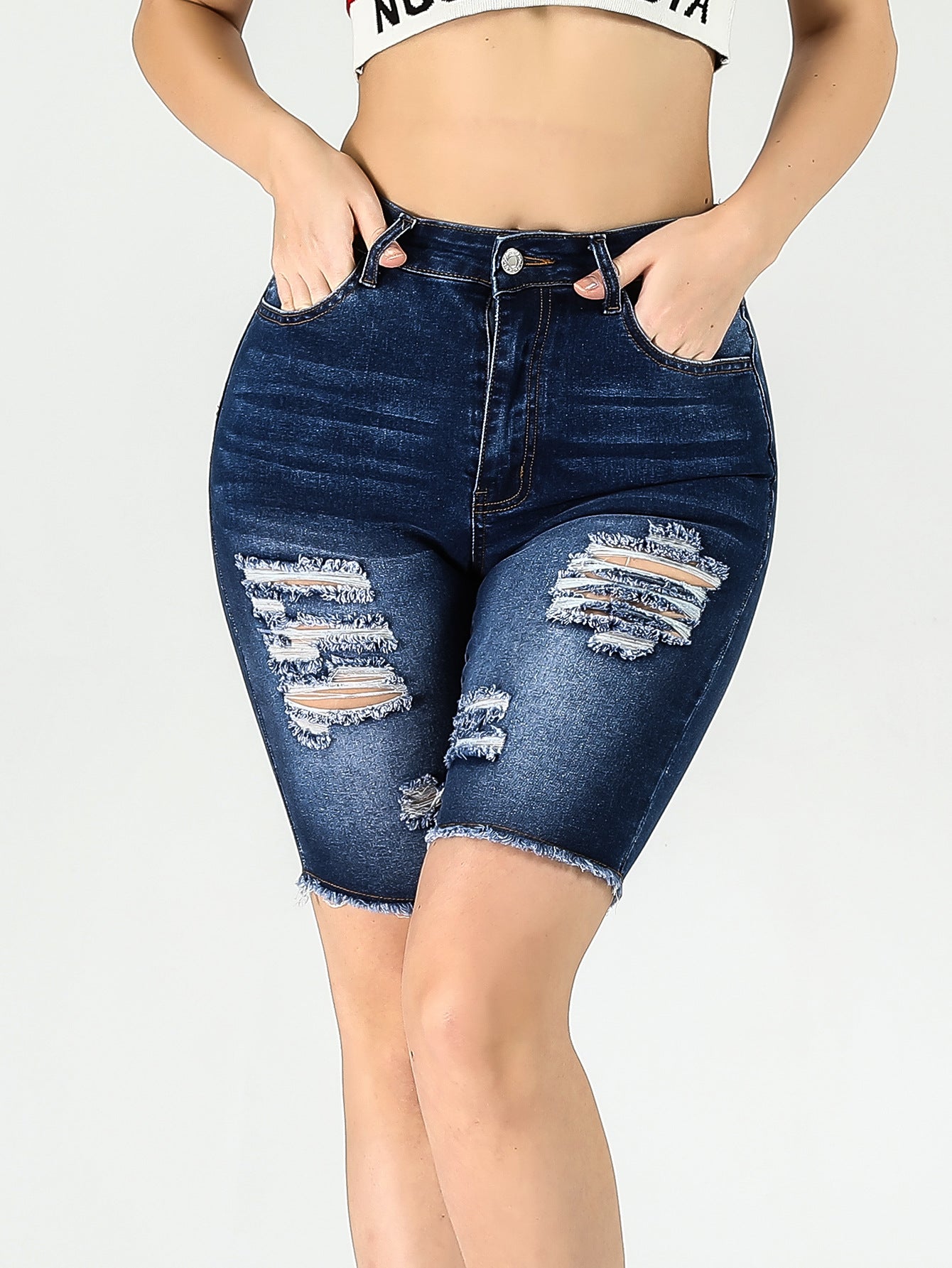 Tight-fit High-waisted Stretchy Versatile Womens Denim Mid-length Pants 1Heartof5