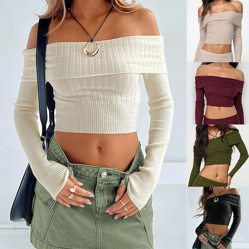 Boat Neck Long Sleeve Knitted Sweater Off-shoulder Crop Short Top SFor Womens Clothing My Store