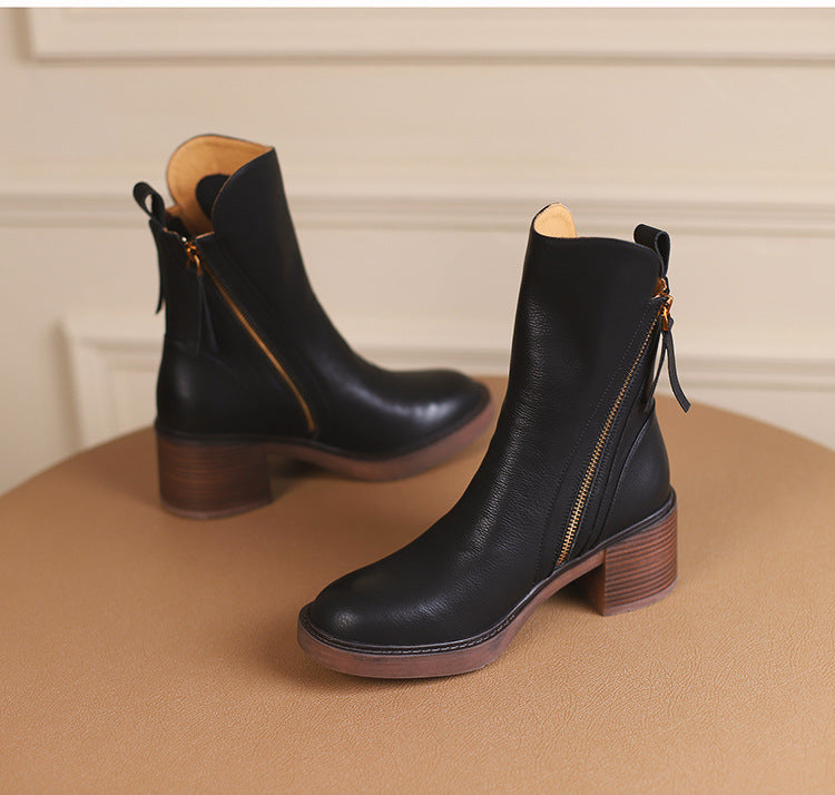 Thick Heel Brown Ankle Boots British Style Handsome My Store