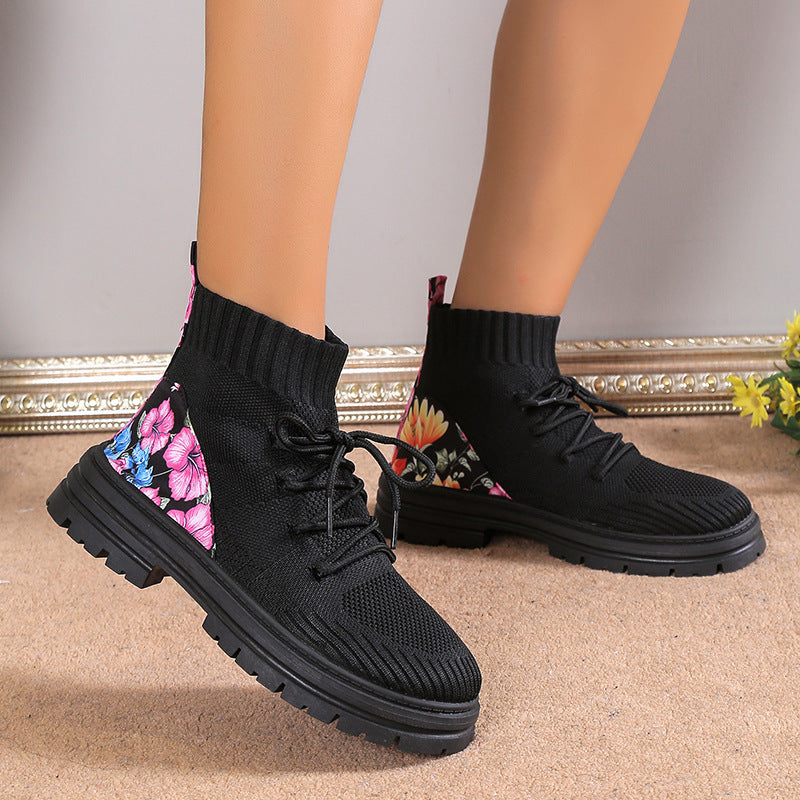 Flowers Print Sock Boots Knitted Mesh Shoes Breathable High-top Elastic Slip-on Shoes For Women Autumn Winter Ankle Boots My Store