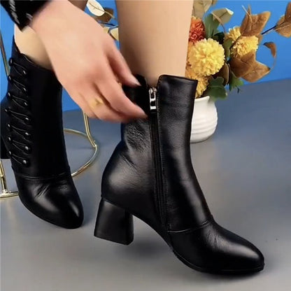 Soft Leather Ankle Boots Fashion Mid Heel Mid-calf High Heels My Store