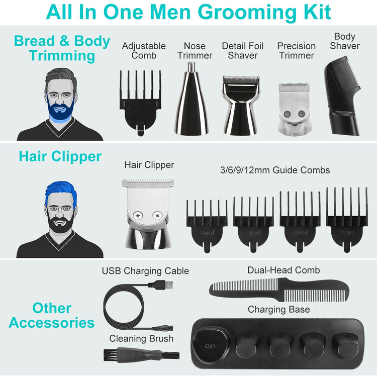 1Set All In One Beard Trimmer For Men With 5 Trimmer Heads IPX5 Waterproof Electric Razor For Face Nose Body Beard Cordless Hair Shaver Clipper Grooming Kit For Men Husband Father 1Heartof5