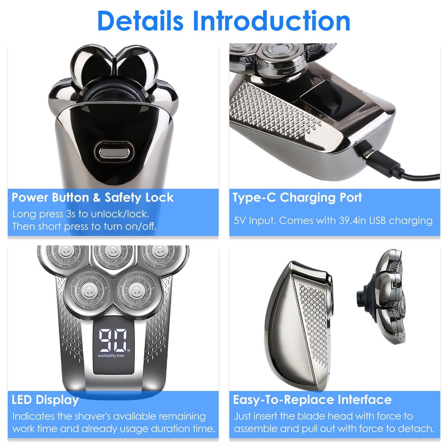 1Pc Head Shavers For Bald Men 5 In 1 7D Electric Rotary Razor Rechargeable Cordless Head Beard Trimmer Shaver Kit IPX6 Waterproof Dry Wet Grooming Kit With 3 Combs 1Heartof5