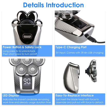 1Pc Head Shavers For Bald Men 5 In 1 7D Electric Rotary Razor Rechargeable Cordless Head Beard Trimmer Shaver Kit IPX6 Waterproof Dry Wet Grooming Kit With 3 Combs 1Heartof5