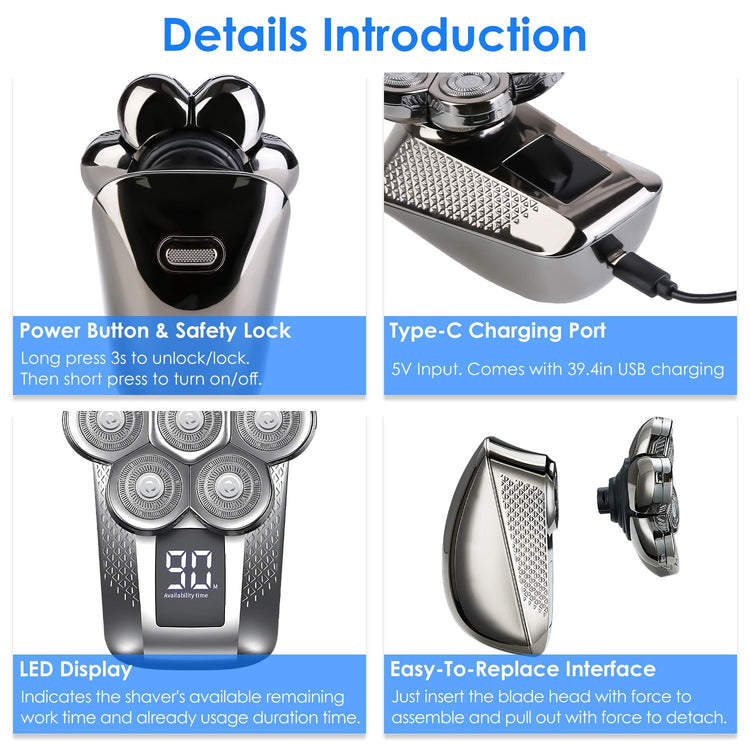 1Pc Head Shavers For Bald Men 5 In 1 7D Electric Rotary Razor Rechargeable Cordless Head Beard Trimmer Shaver Kit IPX6 Waterproof Dry Wet Grooming Kit With 3 Combs 1Heartof5