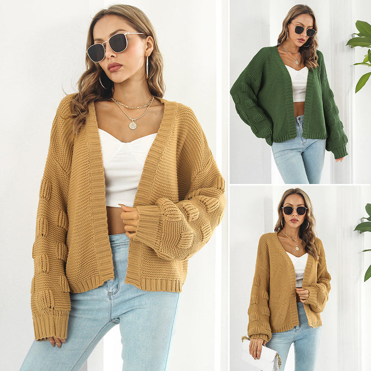 Puff Sleeve Cardigan Sweater Women Clothes Front Chunky Knitwear Coat My Store