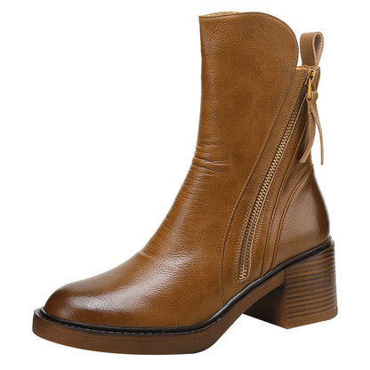 Thick Heel Brown Ankle Boots British Style Handsome My Store
