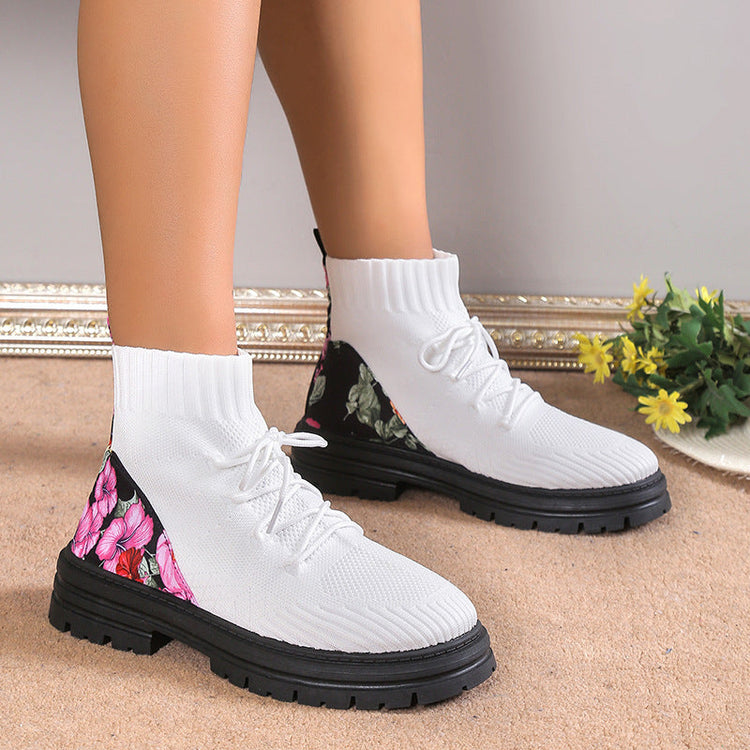 Flowers Print Sock Boots Knitted Mesh Shoes Breathable High-top Elastic Slip-on Shoes For Women Autumn Winter Ankle Boots My Store