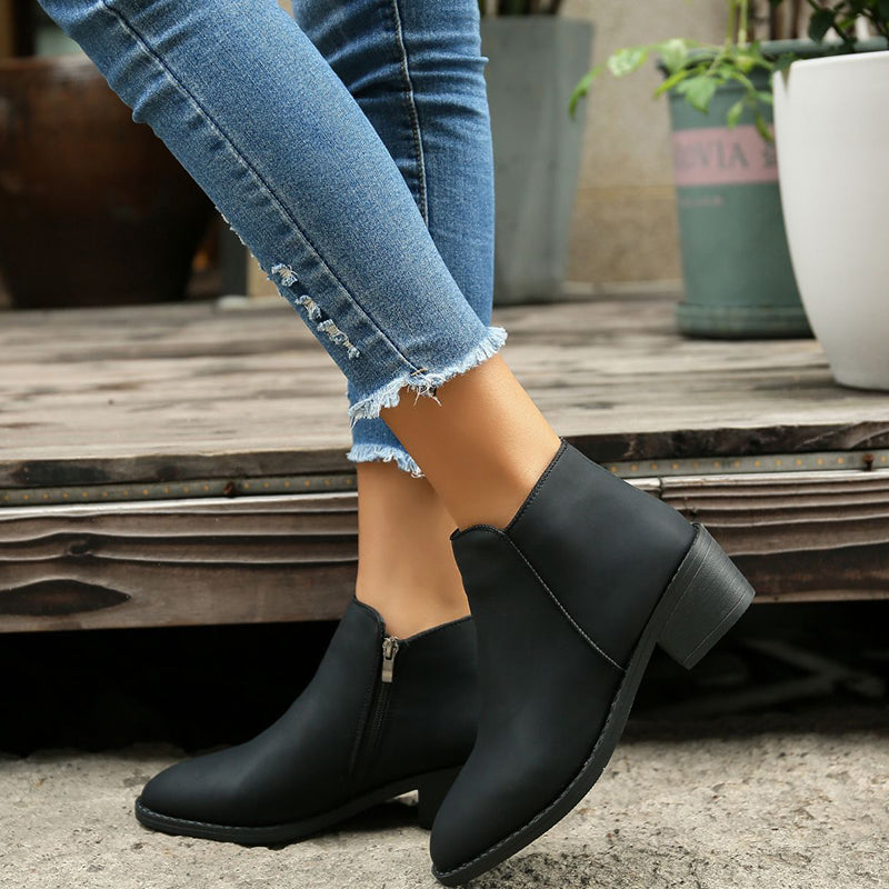 Ankle Boots Women Chunky Mid Heel Shoes Waterproof Side Zipper Boots My Store
