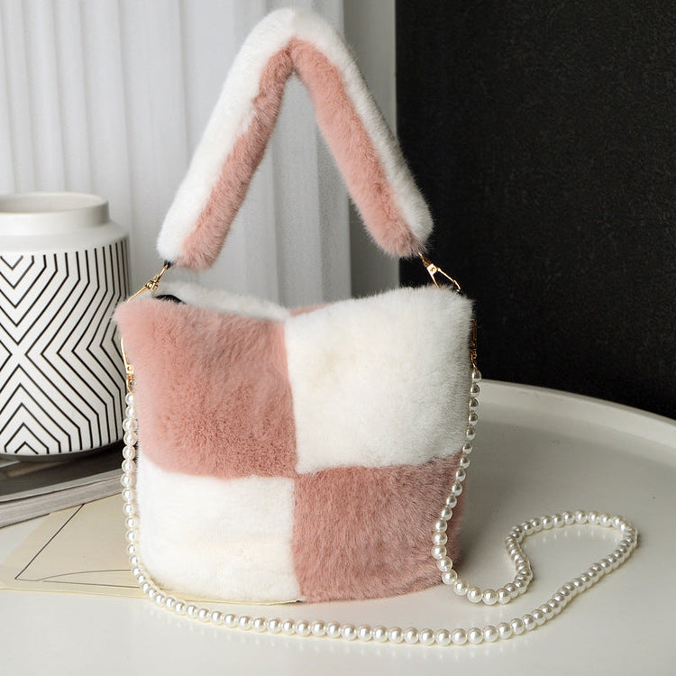 Checkerboard Plush Bucket Bag With Pearl Chain Design Winter Fashion Luxury Handbags For Women Personalized Shopping Shoulder Bags My Store