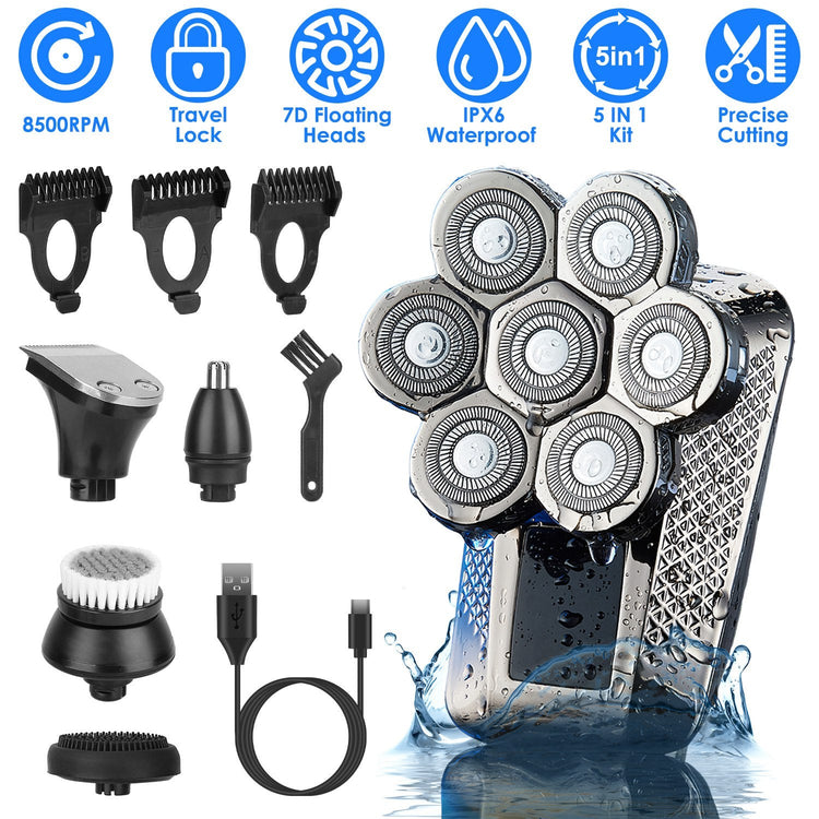 1Pc Head Shavers For Bald Men 5 In 1 7D Electric Rotary Razor Rechargeable Cordless Head Beard Trimmer Shaver Kit IPX6 Waterproof Dry Wet Grooming Kit With 3 Combs 1Heartof5
