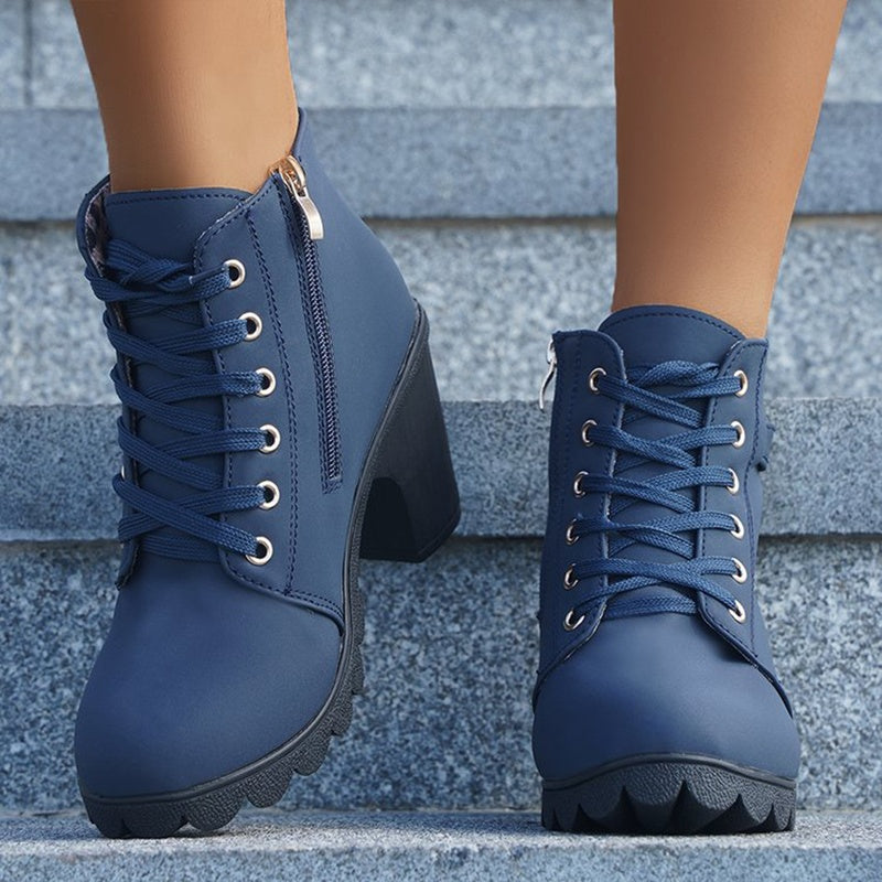 Fashoin Leopard Print Ankle Square Heel Suede Lace-up Zip Boots Women Casual Versatile Shoes Autumn And Winter My Store