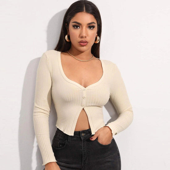 Long Sleeved Crop Cardigan Top Sexy Button Knit T-shirt My Store