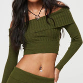 Boat Neck Long Sleeve Knitted Sweater Off-shoulder Crop Short Top SFor Womens Clothing My Store